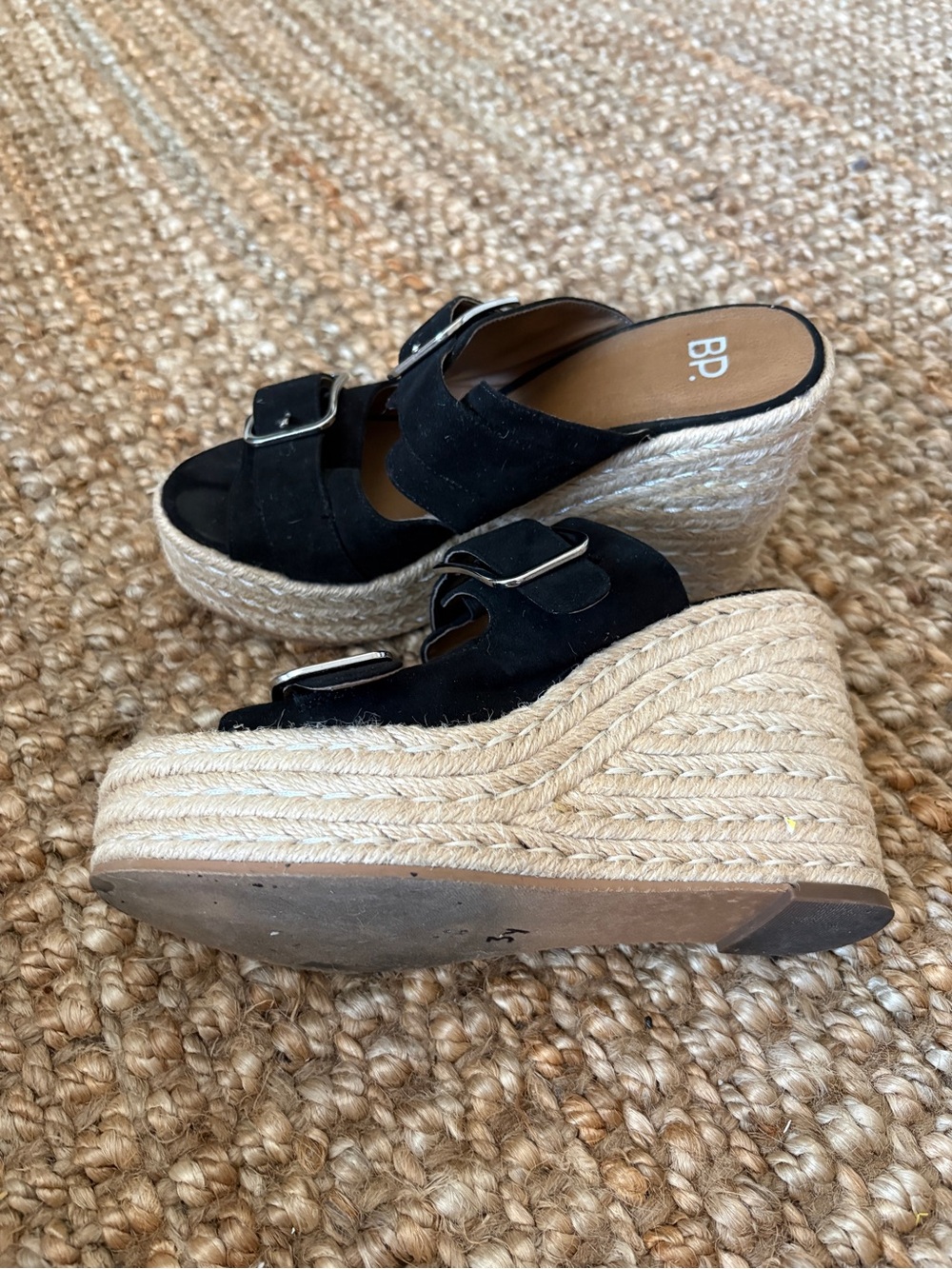 bp Black Suede Espadrille Wedge Mules with Buckles